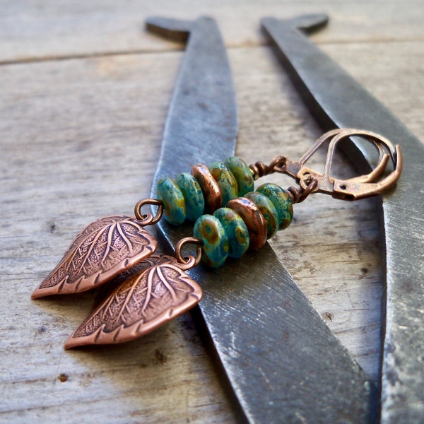 Rustic Earrings - Copper Leaf Earrings - Boho Earrings - Czech Bead Earrings - Gift for Mom - Aqua Copper Series