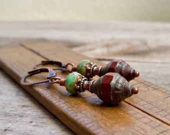 Boho Dangle Earrings - Red Earrings - Czech Bead Earrings - Gift for Wife - Timeless Autumn Series