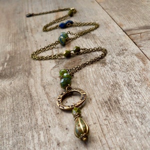 Long Beaded Necklace - Gift for Wife - Long Layering Necklace - Olive Green and Navy Blue Series