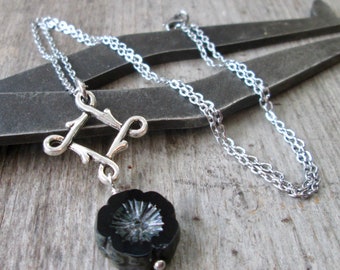 Stainless Steel Chain Necklace - Black Flower Pendant Necklace - Gift for Wife