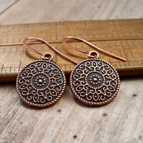 Copper Mandala Earrings - Flower Earrings - Mandala Earrings - Floral Earrings - Copper Dangle Earrings - Gift for Wife