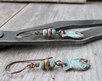 Hypoallergenic Fish Earrings - Titanium Earrings - Copper Dangle Earrings - Gift for Girl