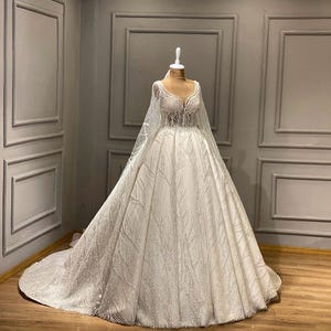 Luxury Crystal Beaded Wedding Dress-Long Train Bridal Dress- Elegant Sleeve Bridal Gown.