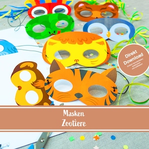 Maschere di animali dello zoo, maschere fai da te, maschere a tema, 12 maschere, PDF, download istantaneo