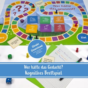 Puede incluir: Un juego de mesa colorido con un camino sinuoso, signos de interrogación y varias fichas. El tablero del juego presenta el texto "Wer hätte das gewusst?" y "Kognitives Brettspiel". Dados, cartas y fichas están esparcidos.