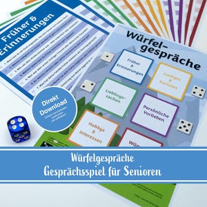 Könnte beinhalten: Ein Set aus gedruckten Spielmaterialien, darunter Fragebögen und ein blauer Würfel. Das Spiel, das für Senioren konzipiert wurde, enthält Fragen zu Erinnerungen, Hobbys und persönlichen Vorlieben. Der Text "Direkt Download" ist sichtbar.