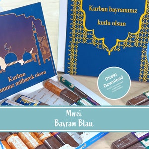 Merci Bayram Banderolen Blau, Merci für das Zuckerfest, Bayram Geschenk, selber drucken, PDF, sofort Download