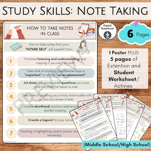 May include: A printable poster and worksheet set for middle and high school students on how to take notes in class. The poster has a pink and peach background with a list of seven tips for taking notes. The worksheet has a blue background with a list of tips for taking notes.
