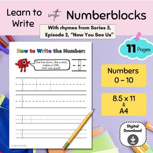 Può includere: Un foglio di lavoro stampabile per imparare a scrivere il numero uno. Il foglio di lavoro presenta un personaggio dei cartoni animati dello show Numberblocks, insieme a una rima per aiutare i bambini a imparare a scrivere il numero. Il foglio di lavoro misura 8,5 pollici per 11 pollici ed è disponibile come download digitale.