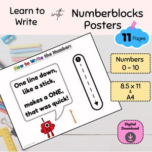 May include: A printable poster for teaching children how to write the number one. The poster features a colourful cartoon character and a step-by-step guide to writing the number. The poster is part of a set of 11 posters that teach children how to write numbers 0-10. The posters are 8.5 inches by 11 inches and are available in A4 size.