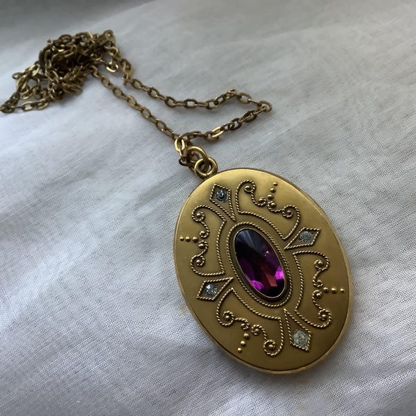 Victorian W&H Co Oval Pendant Locket With Amethyst Glass and Paste Stones