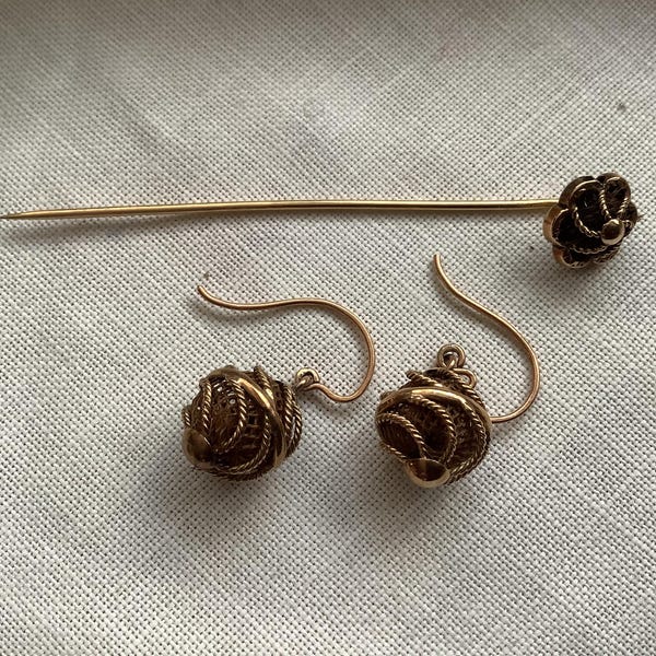 Victorian 14k Gold Mourning Hair Earrings and Stick Pin Set