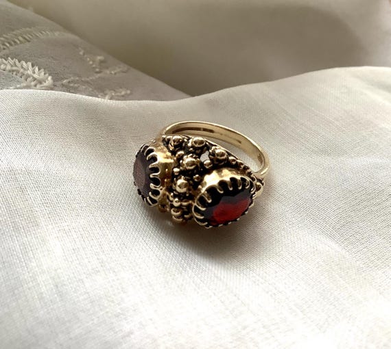 14k Solid Yellow Gold Double Garnet Statement Rin… - image 2