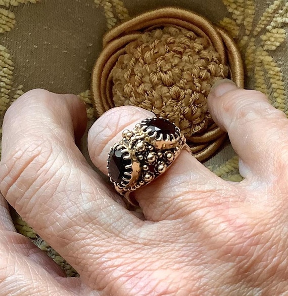 14k Solid Yellow Gold Double Garnet Statement Rin… - image 1