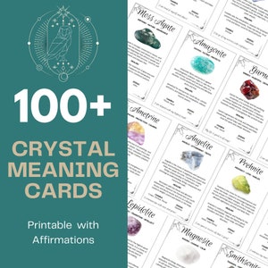 Mais de 100 cartões de significado de cristal, afirmações positivas, imprimíveis, cartões de significado de pedras preciosas, cartões de cristal digital, cartões de informação de cristal