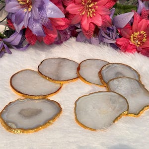White Agate Coaster Slice: Gold Electroplated Crystal Decor