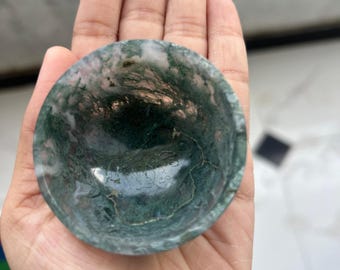 Moss Agate Crystal 2 Inch Polished Gemstone Bowl For Protection, Decor, Energy Cleansing, Crystal Trinket Holder & Meditation Bowl For Gift.