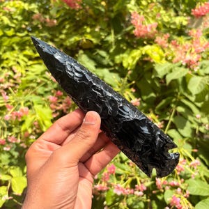 May include: A black obsidian arrowhead with a sharp point and textured surface. The arrowhead is held against a backdrop of green foliage and pink flowers, showcasing its dark, polished appearance.