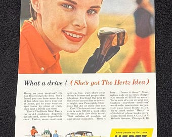 1957 Chevy Bel Air 4 Door Vintage Ad ‘57 Chevrolet Hertz Original Print Magazine Advertisement Antique Yellow Ephemera