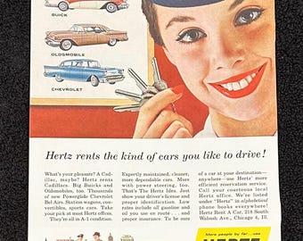 1957 Chevy Bel Air 2 Door Vintage Ad ‘57 Chevrolet Hertz Original Print Magazine Advertisement Cadillac Buick Oldsmobile Antique Red Blue