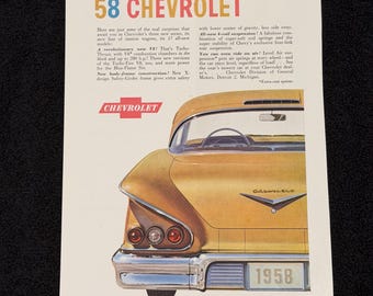 1958 Chevy Impala Vintage Ad ‘58 Chevrolet Original Print Magazine Advertisement Antique Yellow Gold Ephemera