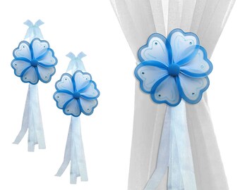 Kids Curtain Tiebacks Holdbacks Tie Backs Tie-Backs Window Treatment Childs Room Baby Nursery Girls Bedroom Decorations Blue Painted Flower