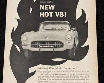 1956 Chevy Corvette V8 Vintage Ad ‘56 Chevrolet Original Print Magazine Advertisement Antique Black Ephemera
