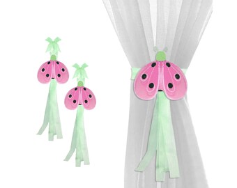Sheer Tiebacks Curtain Holdbacks Window Tie-Backs Drapery Tie Backs Baby Nursery Ties Girls Room Holders Decorations Pulls Shimmer Ladybug