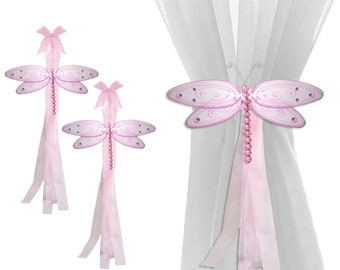 Childrens Curtain Tiebacks Holdbacks Tie Backs Tie-Backs Window Treatment Kids Room Baby Nursery Girls Bedroom Decor Pink Glitter Dragonfly