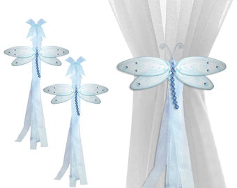 Childrens Curtain Tiebacks Holdbacks Tie Backs Tie-Backs Window Treatment Kids Room Baby Nursery Girls Bedroom Decor Blue Glitter Dragonfly