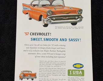 1957 Chevy Bel Air Sport Sedan Vintage Ad ‘57 Chevrolet Original Print Magazine Advertisement Antique Orange Rust Canyon Coral Ephemera