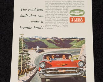 1957 Chevy Bel Air Hardtop Vintage Ad ‘57 Chevrolet Original Print Magazine Advertisement Antique Red Ephemera