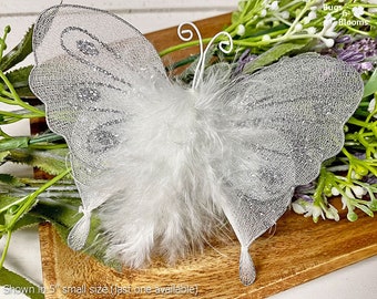 Butterfly Wedding Decoration Bridal Party Table Centerpiece Floral Arrangements Veil Nylon Mesh Fake Fabric Hanging 3D White Silver Marabou