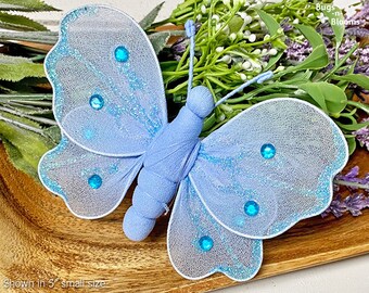 Hanging Butterfly Decor Fake Decorations Nylon Butterflies Girls Nursery Home Bedroom Wall Ceiling Baby Shower Organza Craft Blue Shimmer