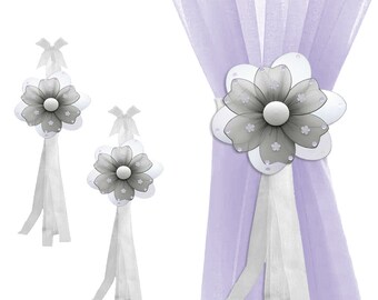 Curtain Tie Backs Sheer Tie-Back Window Tieback Nursery Holdbacks Girl Bedroom Holder Drape Decor Baby Kids Childs Gray Multi-Layered Flower