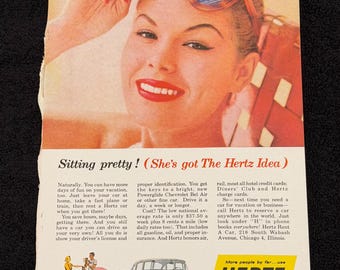 1957 Chevy Bel Air 4 Door Vintage Ad ‘57 Chevrolet Hertz Original Print Magazine Advertisement Antique Blue Girl Sunglasses Ephemera