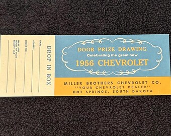 1956 Chevrolet Dealer Door Prize Raffle Ticket ‘56 Chevy Miller Brothers South Dakota Original Advertisement Vintage Antique