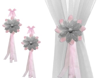 Childs Curtain Tie Backs Sheer Tie-Back Window Tieback Nursery Holdbacks Girl Bedroom Holder Drape Kids Decor Baby Pink Gray Two-Tone Flower