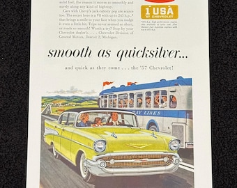 1957 Chevy Bel Air 4 Door Sedan Vintage Ad ‘57 Chevrolet Original Print Magazine Advertisement Antique Yellow Ephemera
