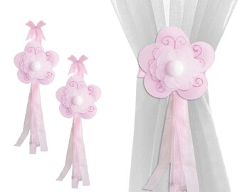 Holdbacks Drapery Curtain Tiebacks Sheer Window Tie-Backs Nursery Tie Backs Girls Bedroom Ties Holders Playroom Decor Pink Shimmer Flower