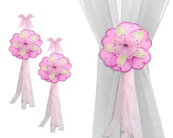 Curtain Holdbacks Pullbacks Tie Backs Window Tiebacks Nursery Ties Bedroom Drapery Holders Tie-Back Childs Pink Green Triple Layered Flower