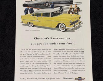 1955 Chevy Bel Air 4 Door Hardtop Sport Sedan Vintage Ad ‘55 Chevrolet Original Print Magazine Advertisement Antique Yellow Ephemera