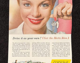 1957 Chevy Bel Air 4 Door Vintage Ad ‘57 Chevrolet Hertz Original Print Magazine Advertisement Antique Red Girl Keys Ephemera