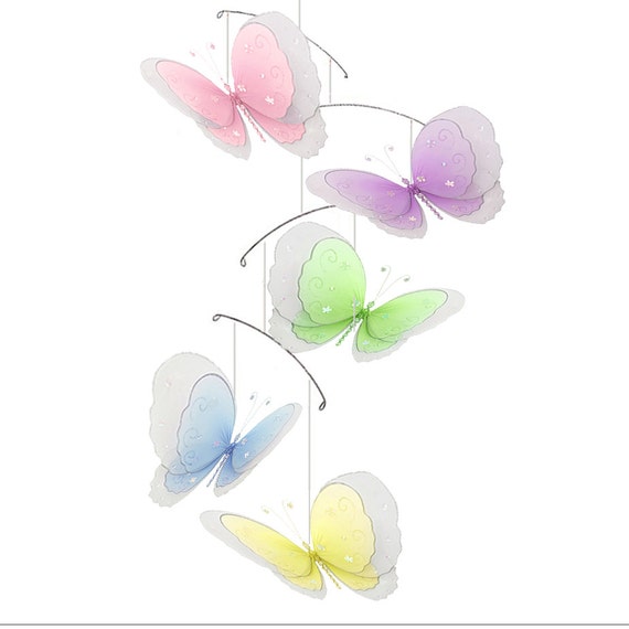 Nursery Mobile Butterfly Baby Decorations Ceiling Hanging Decor Butterflies Nylon Pink Purple Green Blue Yellow Crib Bedroom Multi Layered