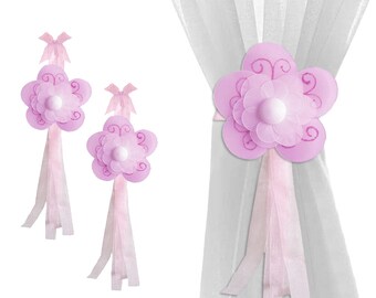 Baby Curtain Tiebacks Girls Bedroom Tie-Backs Drapery Holdbacks Pullbacks Pulls Ties Hold-Backs Kid Childs Girls Fuchsia Pink Shimmer Flower