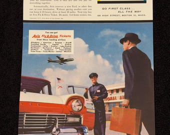 1957 Avis Rent A Car Fly and Drive Ford Vintage Ad ‘57 Original Print Magazine Advertisement Antique Red Ephemera