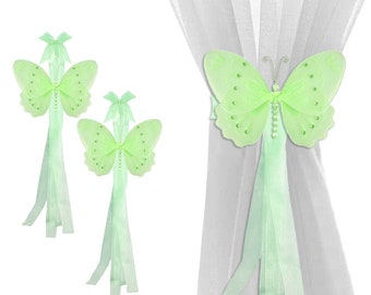 Kids Curtain Holdbacks Sheer Tie Backs Window Tiebacks Nursery Ties Bedroom Drapery Holders Childs Girls Tie-Backs Green Glitter Butterfly