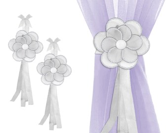 Childs Holdbacks Drapery Curtain Tiebacks Sheer Window Tie-Backs Nursery Tie Backs Girls Bedroom Ties Home Decor White Silver Glitter Flower