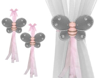 Curtain Holdbacks Sheer Tiebacks Window Tie-Backs Drapery Tie Backs Nursery Ties Girls Room Holder Decor Bumble Bee Bees Pink Gray Hailey