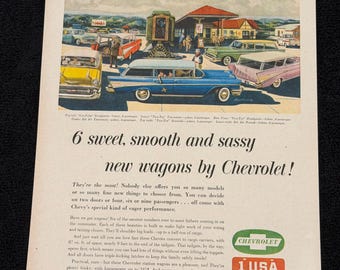 1956 Chevy Nomad Station Wagon 2 Door & 4 Door Vintage Ad ‘56 Chevrolet Original Print Magazine Advertisement Blue Red Yellow Green Antique